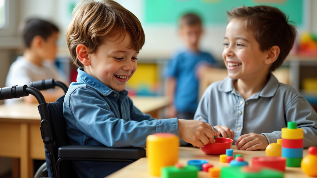Boy child in wheelchair plays with friends at school table. Happy children play with colorful toys. Inclusion, diversity in special needs education. Joyful playtime in supportive learning environment.